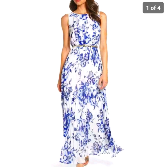 NWT/ Eliza J Pleated Floral Chiffon MaxiDress Blue Women's Size 2 - Picture 1 of 7
